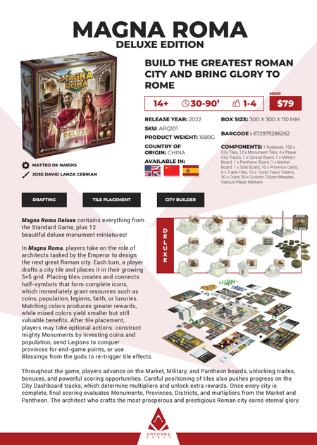 Magna Roma Deluxe Edition board game packaging with features and components listed.