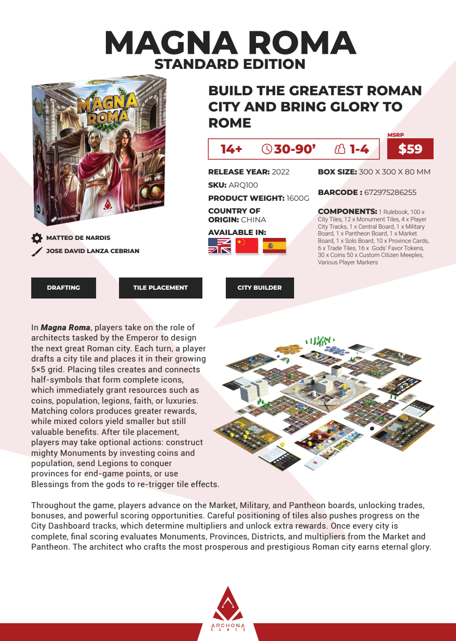 Magna Roma board game packaging with game pieces and text on a white background